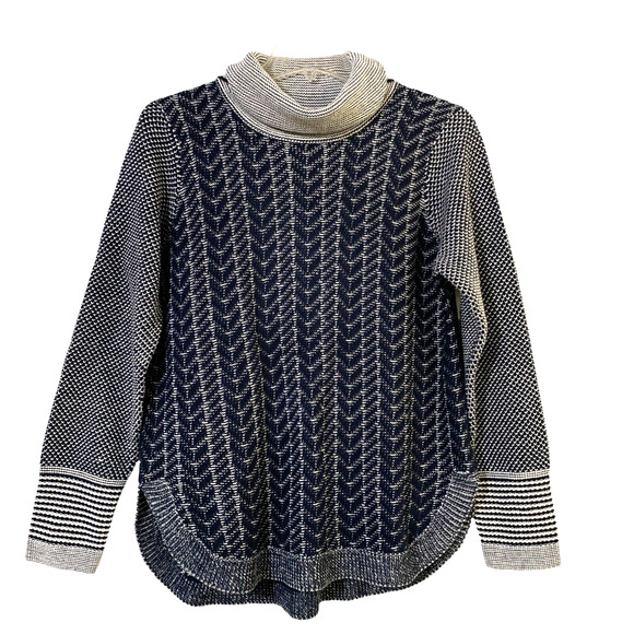 French FDJ Collection Womens Blue White Color Block Turtleneck Sweater Sz Medium - Picture 1 of 9